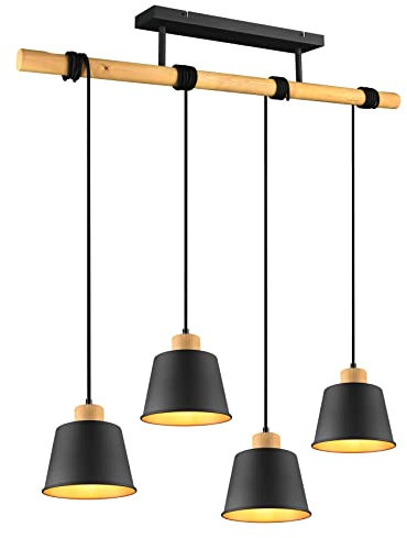Trio Leuchten Pendelleuchte Harris 312700432, Metall Schwarz matt,innen goldfarbig, Holz natur, exklusiv Leuchtmittel 4x E27