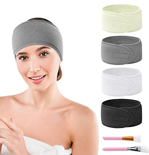 URAQT Kosmetik Stirnband, 4 Stück Damen Makeup Haarband, Verstellbare Haarschutzband mit Klettverschluss, Spa Haarreif mit 2 Stücke Silikonpinsel für Gesichtsreinigung Schönheit Yoga Sport (A)