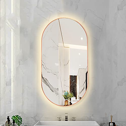 Ovale LED rétro-éclairé Miroir de Salle de Bain Dimmable 3 Température de Couleur Smart Mirror LED Lumière Murale Miroir de Maquillage avec Cadre en Alliage d'aluminium (Color : Rose Gold FR