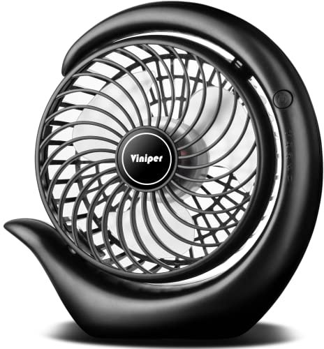 viniper Battery Operated Fan, Rechargeable Desk Fan : 180° Rotation and 3 Speeds Portable Office Fan, About 8-24 Hours Working for Office Home (Black, White Blade)