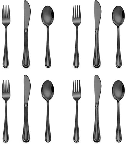 12-Piece Black Kids Silverware, E-far Stainless Steel Toddler Kids Utensils Safe for Preschooler/Children, Includes 4 Forks 4 Spoons 4 Knife, Slimline Look & Small Size, Healthy & Rust Free
