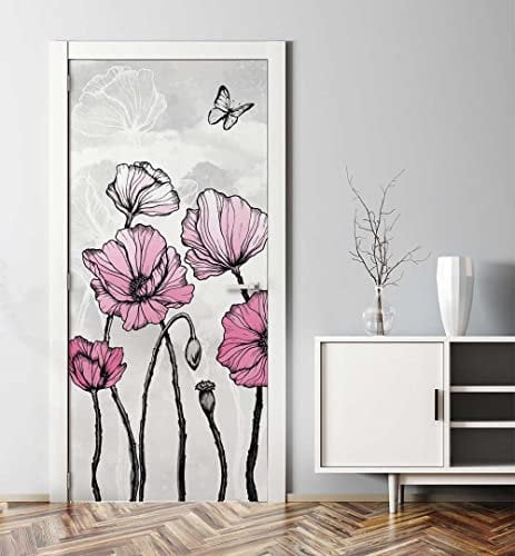 MyMaxxi - Tür bekleben mit Türtapete Türposter Türfolie Selbstklebend 90x200 Zauberland Blümchen - Tür verschönern Türaufkleber Türklebefolie Blume Blatt Schmetterling rosa