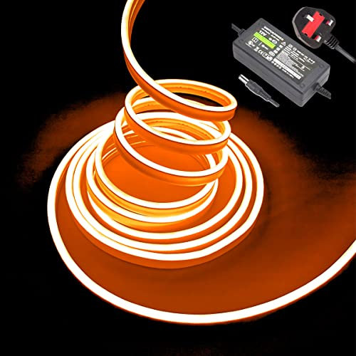 Orange neon LED Strip Lights – 16.4ft/5m 12V DC Flexible Rope Light with 600 high-Density SMD2835 LEDs, Featuring IP65 Waterproof Rating for Indoor and Outdoor Decoration (Includes Power Adapter).