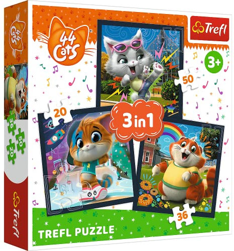Tréfl - 44 Cats, Rencontrez des Chatons Mignons - Puzzle 3en1, 3 Puzzles, 20 à 50 éléments - Puzzles avec Personnages de Contes de fées 44 chats, Divertissement, pour les Enfants à Partir de 3 ans