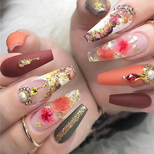 Carufin 24Pcs Crystal Peach Blossom Long Coffin Acrylic False Nail Press on Nails Ballet Artificial Nail for Women Girls