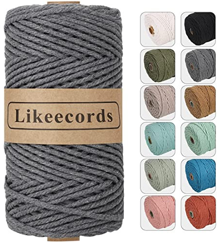 Likeecords Makramee Garn 4mm x 100m,Natürliches Baumwollschnur, Makramee-Seil, Bunte Bastelkordel aus Baumwolle für Taschen, Wandbehänge, Pflanzenaufhänger (dunkelgrau)