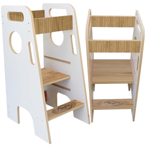 Skyline Steh und Lernturm Baby ab 1 Jahr Montessori Learning Tower Höhenverstellbar Tritthocker Kinder Indoor Möbel Kinderzimmer Trittschemel Kitchen Helper Hochstuhl mit Tafel Board (Weiß/Holz)
