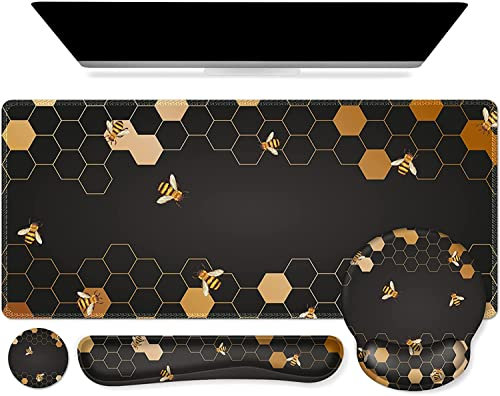 iCasso Mauspad-Set, Gaming-Mauspad mit Handgelenkstütze, großes 4-in-1-Mauspad + Tastatur-Handballenauflage + Maus-Handballenauflage + Untersetzer mit ergonomischem Design für das Office (bee)