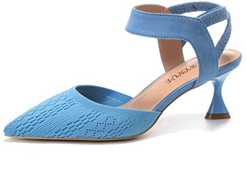 EBYNUE Women's Pumps Low Heel 2.5 inch Pointed Closed Toe Slingback Kitten Heels Party Wedding Comfortable Dress Shoes, Blue, 7 UK