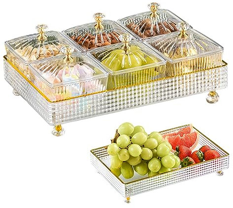 Neroyaner Snack Tray Divided Serving Tray Set Transparent Fruit with Lid Rectangle 6 Grids Fruit Bowl Box Set Divided Nut Bowl Plastic Desserts Serving Plate Snack Candy