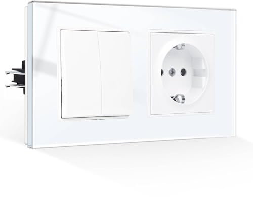 CNBINGO Glas Lichtschalter mit Schuko Steckdose Unterputz - Gehärteter Glasscheibe Steckdose mit Steckklemme - 2 Fach 1 Weg, Weiß