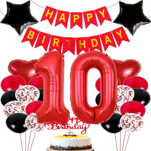 ZWWsullo Luftballon 10 Geburtstag Mädchen geburtstagdeko mädchen 10 jahre Deko 10 Geburtstag Mädchen Junge Rot Schwarz Geburtstag Deko Junge Mädchen Luftballon Geburtstag