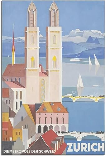 cgltd Leinwand Poster Zürich Vintage Reiseposter, Heimdekoration, Wandgemälde, Leinwand, Raumdekoration Ungerahmt 50x75cm