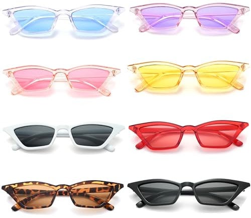 Unning 8 Pack Small Retro Cat Eye Sunglasses Vintage Narrow Cateye Sunglasses Neon Skinny Party Glasses Bulk for Women