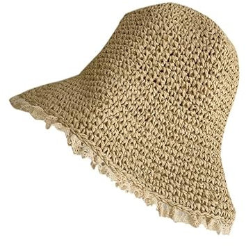 WEIGEER Chapeau de Paille pour Femme Chapeau de Soleil de Plage Pliable à Large Bord Chapeau d'été pour Femme Chapeau de Paille pour Femme Chapeau (Paille, Lisière Blanche)