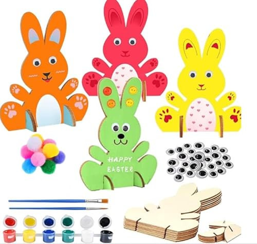 Forhome 10 Stück Hasen aus Holz zum Bemalen, DIY Osterhase Deko, Bastelset Kinder mit Bunte Mini Pompons und Kulleraugen und Bemaltes Set, für Kinder Ostern und Frühling zum Dekorieren