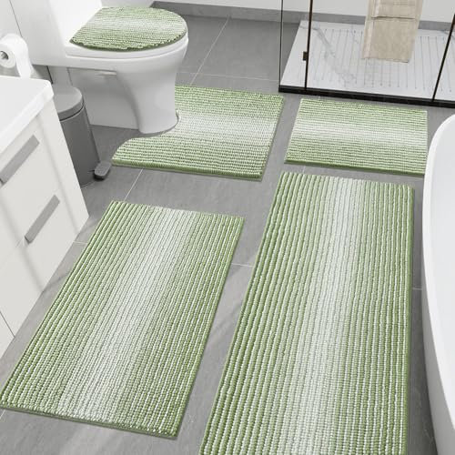 chakme Chenille Badezimmerteppich Set, extra dick rutschfeste Badematte 5 Teile, waschbare saugfähige Badvorleger wc Teppich, Grüner