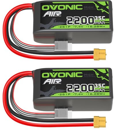OVONIC 2S Lipo Akku 35C 2200mAh 7,4V Akku Short Pack mit XT60 Stecker für Flugzeughelikopter Speziell für 1:14 RC Car RC Flugzeug (2PCS)