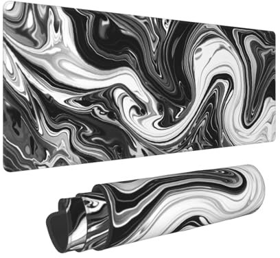 Gaming-Mauspad mit schwarzem Marmor, Größe XL, schwarz, weiß, grau, flüssiges Design, erweiterte große Schreibtischunterlage, modern, abstrakt, großes Mauspad, 80 x 30 cm, rutschfeste Gummiunterseite,