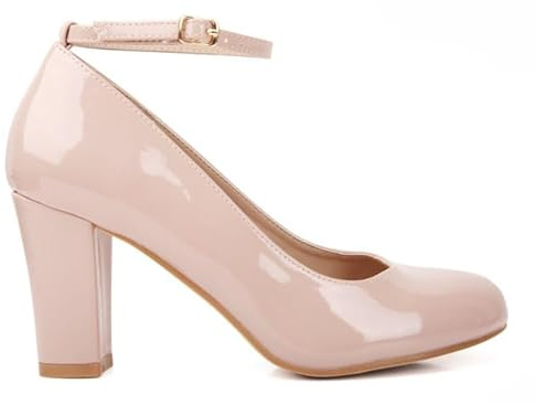 Gizelle Damenschuhe mit Schnalle und Knöchelriemen, mittelhoher Blockabsatz, Lack-Wildleder, Übergrößen 43 - 46, Hautfarben - Nude Patent, 37 EU