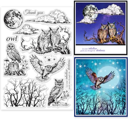 GLOBLELAND Klare Stempel Mit Eulen Und Mondmotiv Klare Stempel Mit Verwelktem Baum Mond Und Wolken Silikonstempel Für DIY Scrapbooking Fotoalben Dekorative Karten Heimdekoration 5.83x8.27 inch