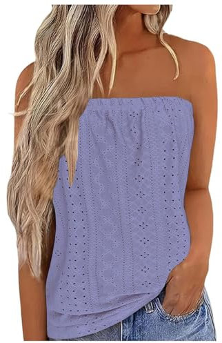 Summer Tops for Women UK Promotion Strapless Vest Tops Sleeveless Tube Bandeau Top Casual Loose Fit Blouse Tunic T Shirts Trendy Plain T Shirt Eyelet Tees Tank Top Clearance Purple
