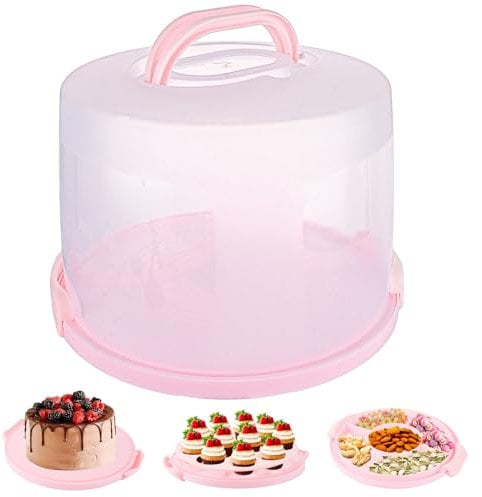 SENENQU 10 Inch Tall Plastic Cake Box, Large Cake Carrier with Handle & Cupcake Holder, Portable Cake Container Cake Holder with Plastic Two Sided Base for Cake Party – Pink