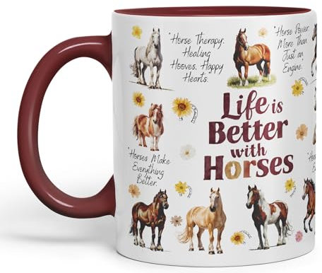 Vixar Life is Better with Horses Horse Joke Ceramic Coloured Mug Cup for Tea Coffee Hot Brew 330ml 11Oz Gift (Maroon)