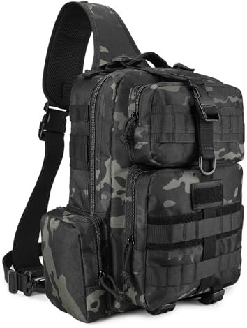 Explokit Taktische Brusttasche Militär Sling Rucksack Molle Outdoor Schultertasche Militär Crossbody Brusttasche Herren Damen Umhängetasche für Camping Reisen Radfahren Fitness(#01-Camo Schwarz)
