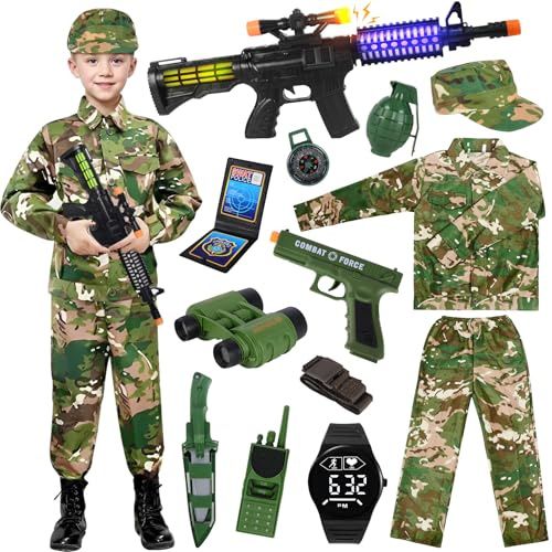 Deguisement Militaire Costume Camouflage Enfant Walkie Talkie Mitraillette Jouet Halloween Carnaval, 130