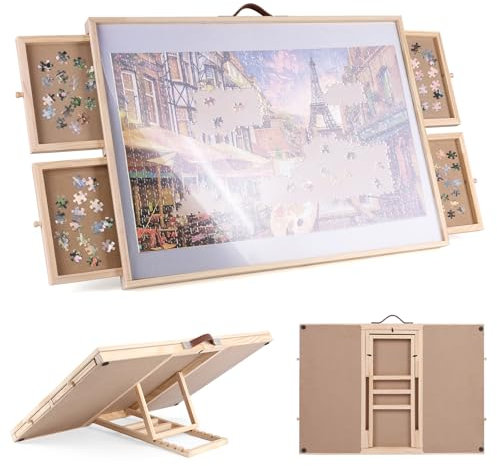 Ruication Jigsaw Puzzle Board Folding Tilting Puzzle Table Wooden Jigsaw Board Non-Slip Mat Surface for 1500 pieces 4 Sliding Drawers Storage System For Adults Kids Children Boy Girl Gift