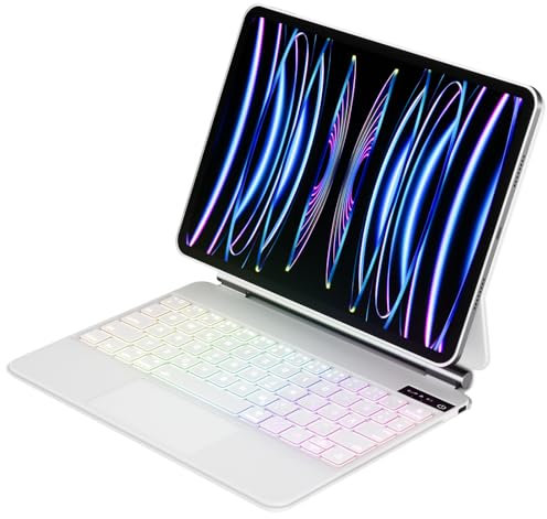 GKABXY Hülle mit Tastatur für iPad Pro 11 4./ 3./ 2. Generation 2022/2021/2020, Magic Keyboard mit reischwebendes Stand, 7 Farbige Beleuchtung Tasten, Multi Touch Trackpad Tastatur Hülle, Weiß