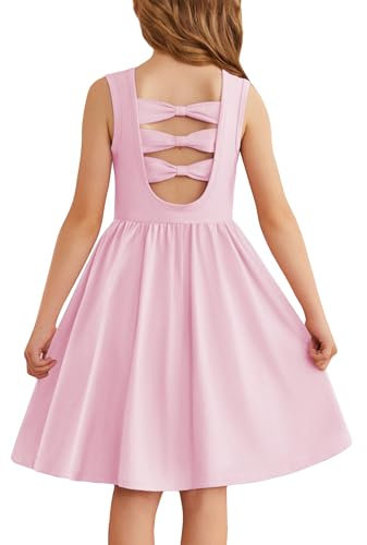 Arshiner Ragazze Abito Senza Maniche Bambini Estivo Indietro Bow Tie Vestito Cotone Casual Festivo Vestito Maniche Corte Swing Abiti da Festa per Ragazze 9-10 Anni Rosa