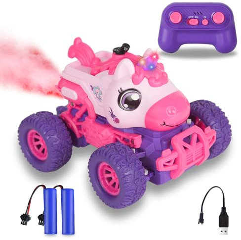 BORSTOYPRO Unicorno Macchina Telecomandata per bambino, Telecomandato Monster Truck Auto per le Ragazze, RC Monstertruck Car con Spray LED Light, Unicorns Giocattolo Regalo per i Ragazzi Bambini