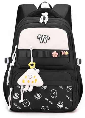 JANSBEN Schulrucksack für Mädchen, Wasserdichter Rucksack mit Mehrfachfach-Design für Schule, Reisen und Arbeit, Schwarz Bequeme Schultasche Ideal für 10-Jährige Kinder, Jungen und Teenager