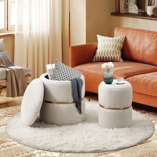 Ckaff Lot de 2 Tabouret de Rangement, Tabouret Repose Pied avec Rangement, Pouf Rangement Ottoman Maquillage en Teddy Velours pour Chambre à Coucher Coiffeuse Salon Chambre Bureau Entrée, Blanc