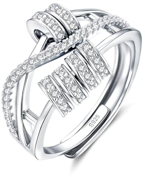 Josfeva Silber 925 Anxiety Ringe, 925 Sterling Silber Anti Stress Ringe | Offen Einstellbare Angstring mit Perlen, Spinner Fidgetring mit Cubic Zirkonia, Unisex Dekompressionsring für Angst Menschen