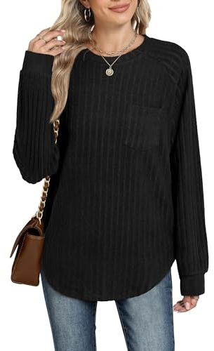 Ruisita Women's Long Sleeve Tops Lightweight Knit Jumpers Ladies Casual Loose Fit Sweatshirts Black