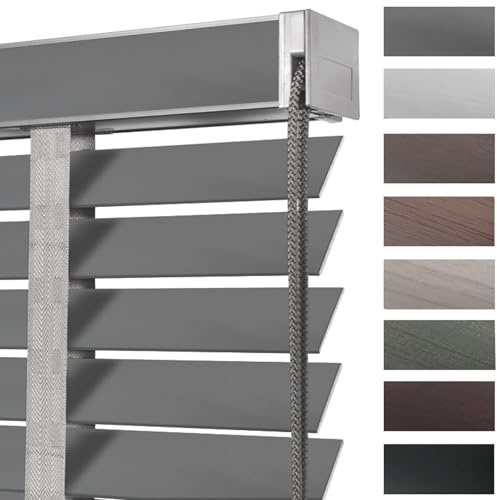 Holzjalousie Innen, Jalousien aus Echtholz für Schlafzimmer mit 5 cm Lamellen, Horizontale Jalousette Verdunkelungs- & Lichtdurchlässige Für Büro Sonnenschutz/Wärmedämmvorhänge(Grau)