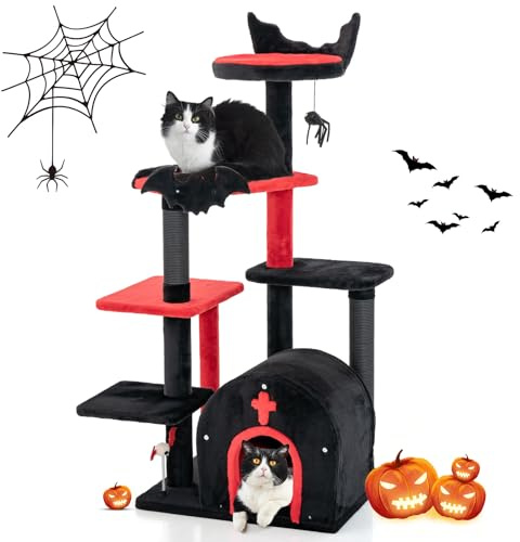 GYMAX Gothic Kratzbaum groß, 134cm hoch Katzenbaum mit 3 Sisalsäule, 1 Katzenhaus, 1 Katzenbett & 4 Plattformen, Katzenhaus mit 2 Spielbälle, Cat Tower für kleine, mittelgroße Katzen, Halloween