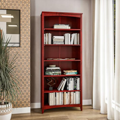 Camaflexi Shaker Style 6 Shelf Bookcase/Solid Wood / 72 High/Adjustable Shelving/Closed Back/Display Bookshelf for Living Room, Bedroom, Home and Office, Red Garnet Stain