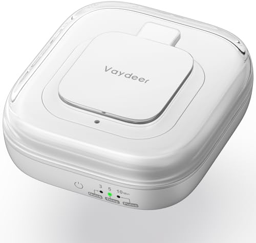 Vaydeer Ultrasonic Retainer Cleaner, 48 kHz, 3 Modes, White | UV Light, 3 Cleaning Modes, Quiet Operation, For Aligners, Dentures and Jewellery, Compact Travel Design