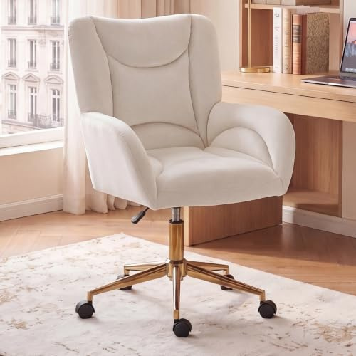 DEKKETO Velvet Swivel Desk Chair with Wheels, Adjustable Height, Ivory | Gold Base, Quiet Casters, 360° Degree Swivel, Padded Foam Seat, for Dressing Table, Home office, Bedroom