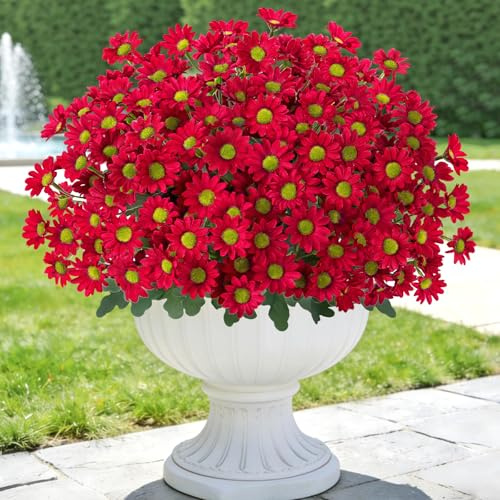 Weldomcor 6 Bündel Künstliche Blumen Gänseblümchen UV Beständige Kunstblumen für Draußen Frühlings Sommer Deko Künstlicher Blumenstrauß für Wohnzimmer Fensterbank Balkon Tisch Deko (Rot)