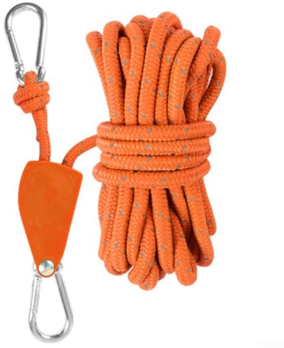 Shophubio Verstellbares 5 m langes Seil mit Umlenkrolle und Karabinerhaken für Zelt, Markise, Baldachin, Edelstahl und Nylon, Ratschenaufhänger, rutschfest (orange)