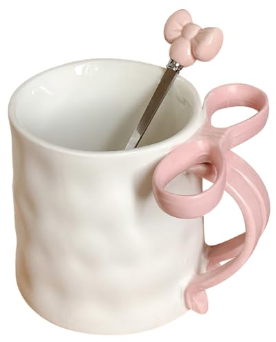 Bow Mug, 350ml Ceramic Coffee Mug with Spoon & Bowknot Handle, Non Slip Aesthetic Mugs for Women, Valentine's Birthday Favor Coffee Ceramic Bow
