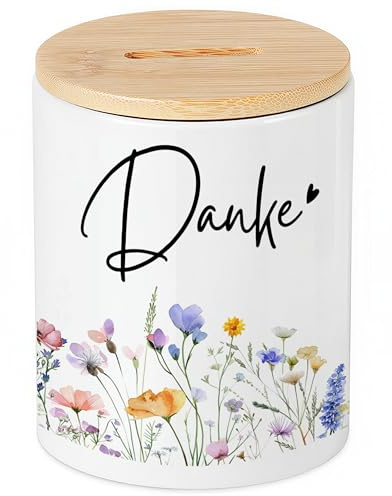 Wildblumen Trinkgeldkasse Spardose für Trinkgeld Sparschwein aus Keramik mit Bambusdeckel Spendenkasse