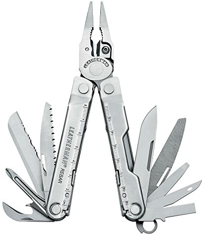 Leatherman Rebar - Pince multifonctions avec 17 outils verrouillables, outil polyvalent pour bricoler & le camping, fabriqué aux ÉUA avec de l'acier inoxydable, couleur argent avec étui en cuir