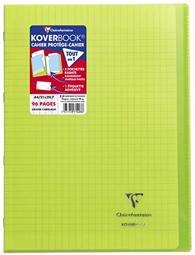 Clairefontaine 971403C Un Cahier Agrafé Koverbook Vert - A4 21x29,7 cm - 96 Pages Grands Carreaux - Papier Blanc 90 g - Couverture Polypro