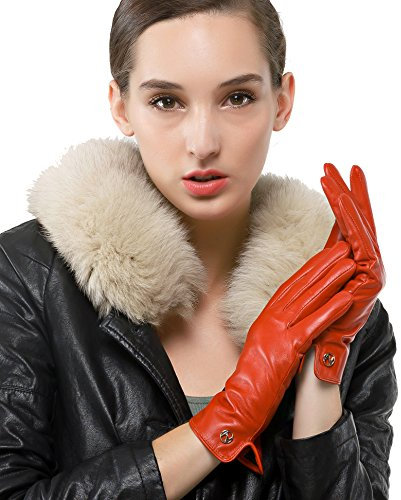 Nappaglo Damen Italienisches Lammfell Leder Handschuhe Touchscreen Winter Warm Langes Fleecefutter Handschuhe (L (Umfang der Handfl?che:19.0-20.3cm), Rot(Non-Touchscreen))